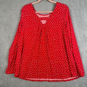 Susan Graver Blouse Womens XL Red Polka Dot V Neck Top Long Sleeve Keyhole